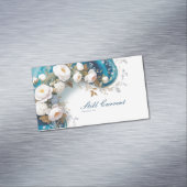 Elegant Teal Blue Gold Silver Floral Peony Magnetisch Visitekaartje (Voorbeeld)