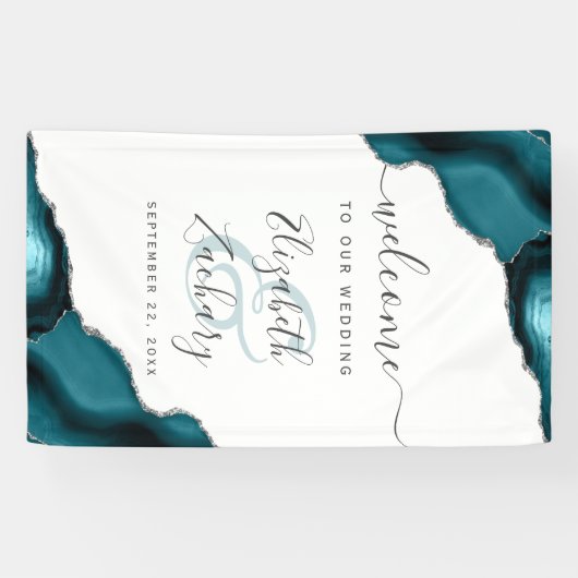 Elegant Teal Blue Silver Agate Wedding Welcome Spandoek (Horizontaal)
