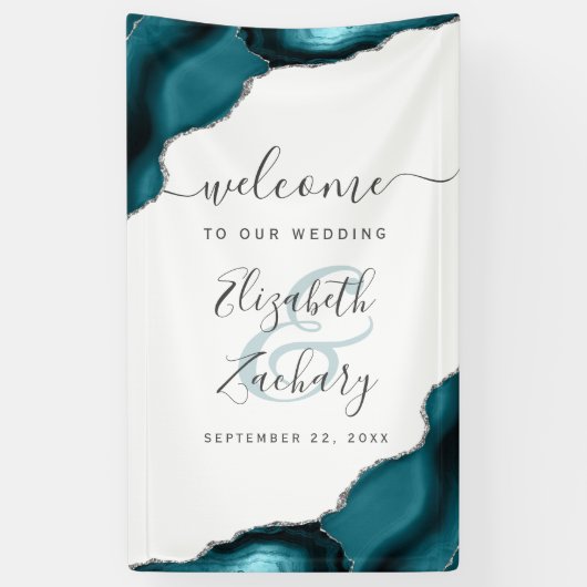 Elegant Teal Blue Silver Agate Wedding Welcome Spandoek (Verticaal)