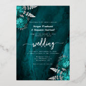 Elegant Teal Blue Silver Floral Wedding Folie Uitnodiging (Voorkant)