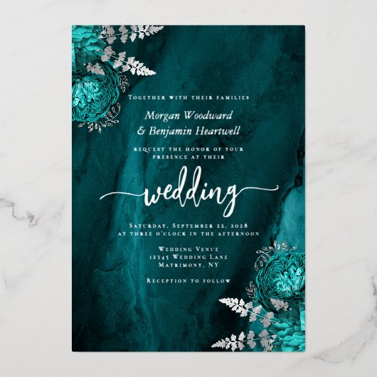 Elegant Teal Blue Silver Floral Wedding Folie Uitnodiging (Voorkant)