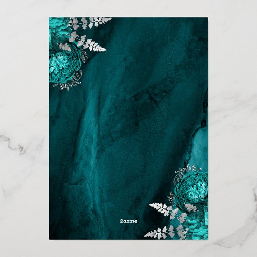 Elegant Teal Blue Silver Floral Wedding Folie Uitnodiging (Achterkant)