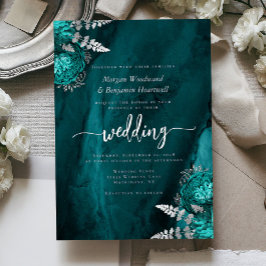 Elegant Teal Blue Silver Floral Wedding Folie Uitnodiging