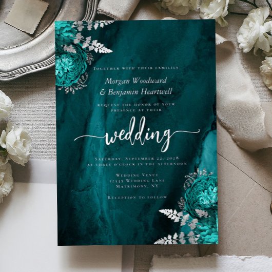 Elegant Teal Blue Silver Floral Wedding Folie Uitnodiging