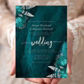 Elegant Teal Blue Silver Floral Wedding Folie Uitnodiging