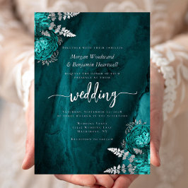 Elegant Teal Blue Silver Floral Wedding Folie Uitnodiging