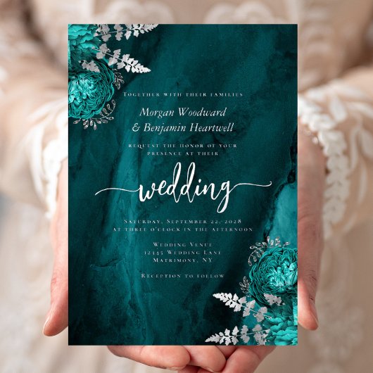 Elegant Teal Blue Silver Floral Wedding Folie Uitnodiging