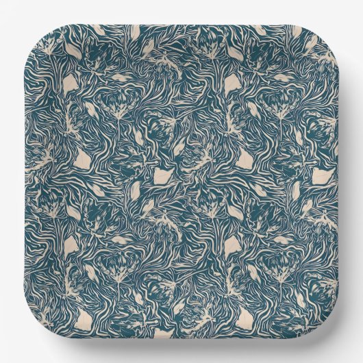 Elegant Teal Botanical Swirl Seamless Pattern Papieren Bordje (Voorkant)
