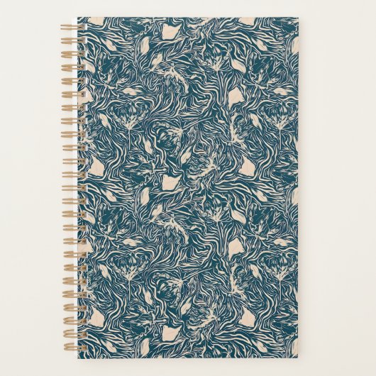 Elegant Teal Botanical Swirl Seamless Pattern Planner (Voorkant)