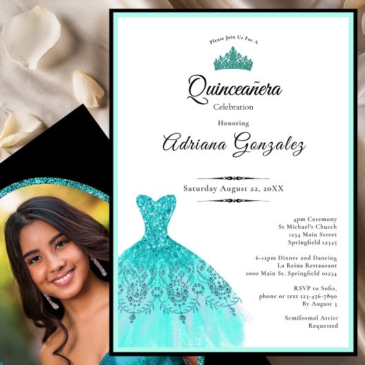 Elegant teal dress 15th birthday Quinceanera Kaart