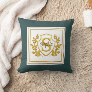 Elegant Teal en Goud Aangepast Wapen Monogram Kussen
