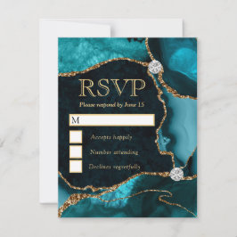 Elegant Teal en Goud Nep Glitter Marmer Agaat RSVP Kaartje