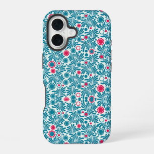 Elegant teal en magenta bladpatroon iPhone 16 hoesje