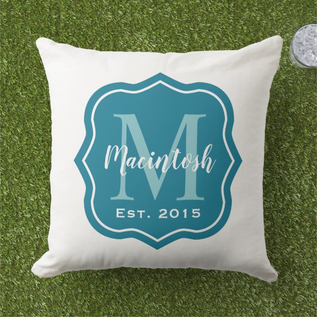 Elegant Teal Familie Monogram Initiaal Buitenkussen (Gras)