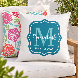 Elegant Teal Familie Monogram Initiaal Buitenkussen