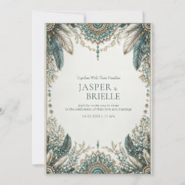 Elegant Teal Feather Ornate Filigree Wedding Kaart