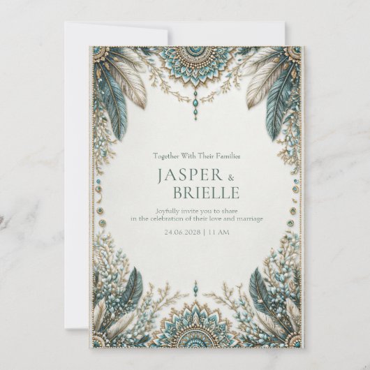 Elegant Teal Feather Ornate Filigree Wedding Kaart (Voorkant)