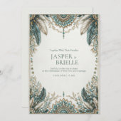 Elegant Teal Feather Ornate Filigree Wedding Kaart (Voorkant / Achterkant)