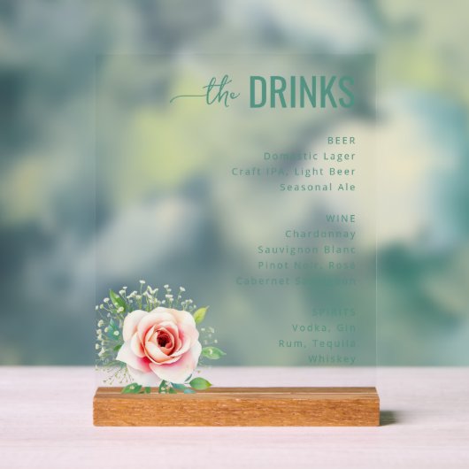 Elegant Teal Floral Beverage Menu Acryl Bord (Neutraal)