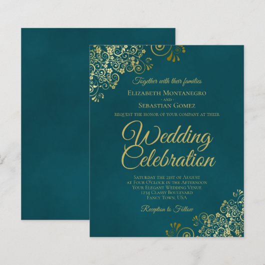 Elegant Teal & Gold BUDGET Wedding Invitation (Voorkant / Achterkant)