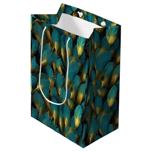 Elegant Teal Gold Feathers Medium Cadeauzakje (Voorkant Gekanteld)