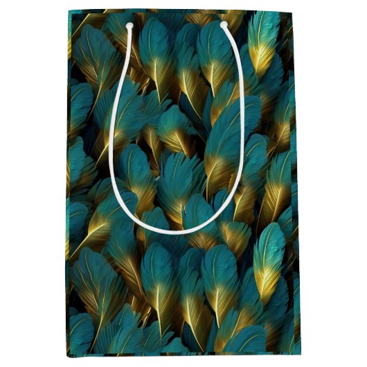 Elegant Teal Gold Feathers Medium Cadeauzakje (Voorkant)