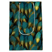 Elegant Teal Gold Feathers Medium Cadeauzakje (Achterkant)