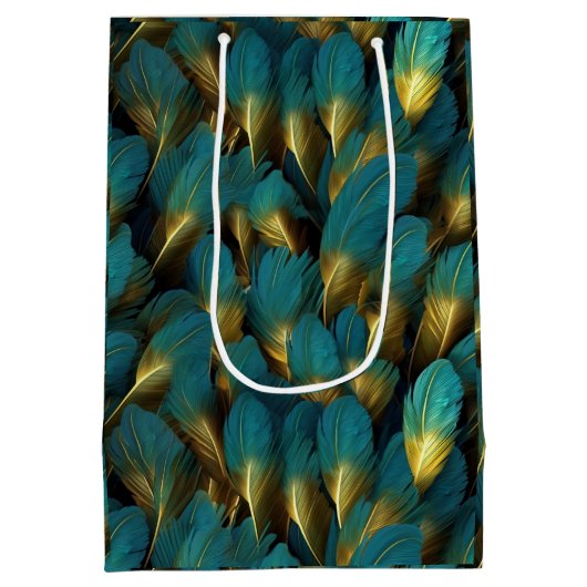 Elegant Teal Gold Feathers Medium Cadeauzakje (Achterkant)