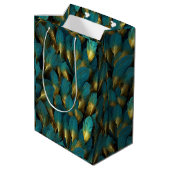 Elegant Teal Gold Feathers Medium Cadeauzakje (Achterkant Gekanteld)
