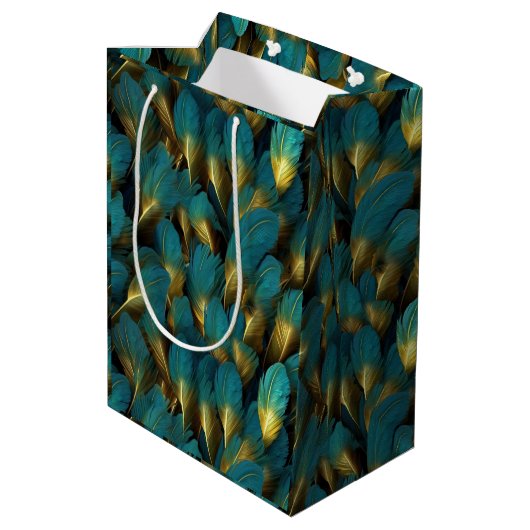 Elegant Teal Gold Feathers Medium Cadeauzakje (Achterkant Gekanteld)