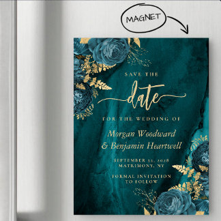 Elegant Teal Gold Floral Wedding Save the Date Magnetische Uitnodiging