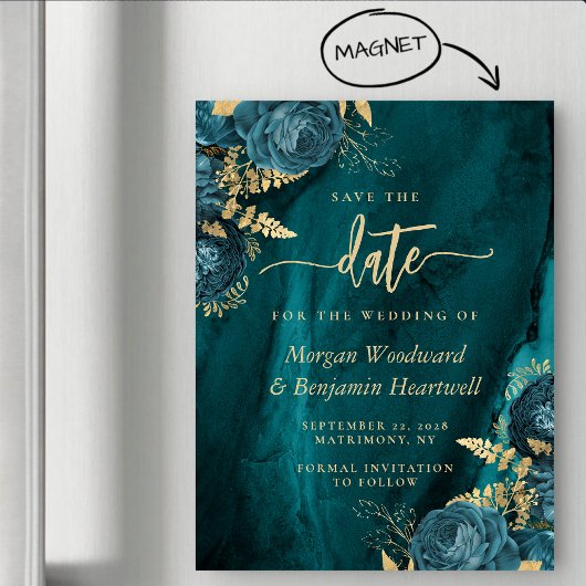 Elegant Teal Gold Floral Wedding Save the Date Magnetische Uitnodiging