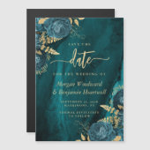 Elegant Teal Gold Floral Wedding Save the Date Magnetische Uitnodiging (Voorkant / Achterkant)