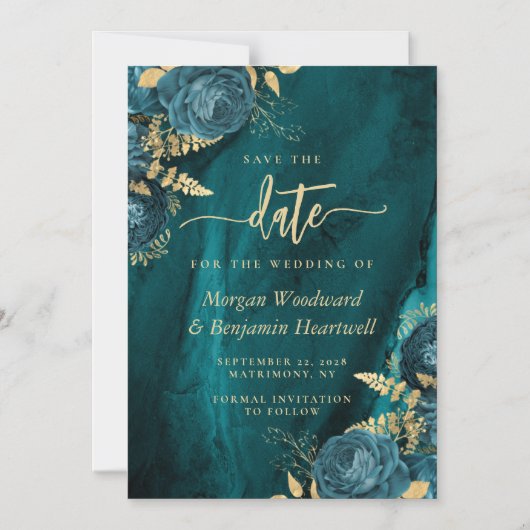 Elegant Teal Gold Floral Wedding Save the Date Magnetische Uitnodiging (Voorkant)