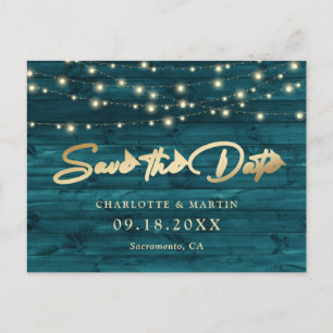 Elegant Teal Gold Foil Wood Save The Date Aankondigingskaart