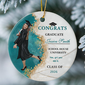 Elegant Teal & Gold Graduate Personalized Photo Keramisch Ornament