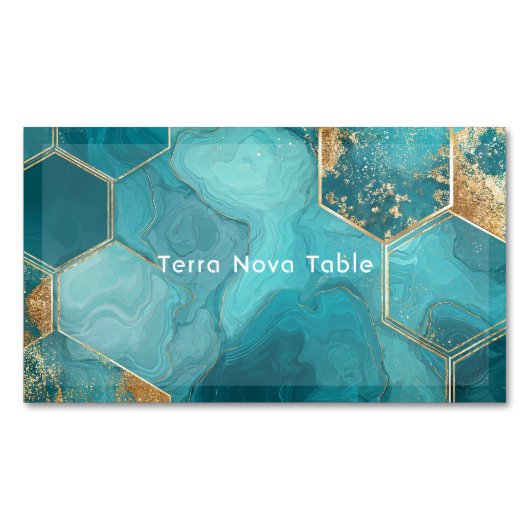Elegant Teal Gold Hexagon Geometric Liquid Marble Magnetisch Visitekaartje (Voorkant)