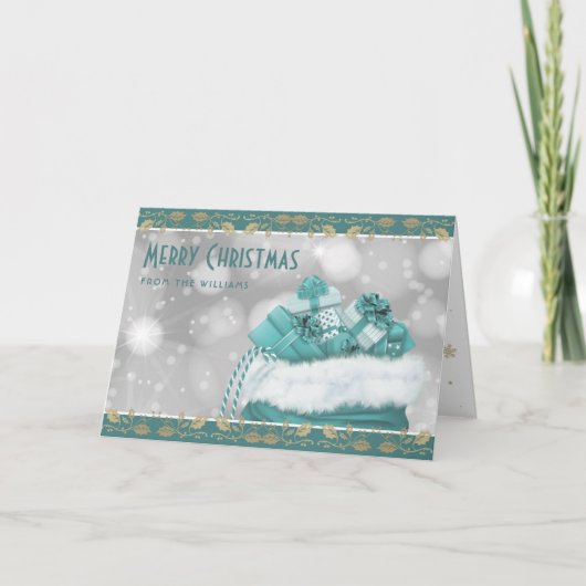 Elegant Teal Gold Holly Christmas Presents Feestdagen Kaart (Voorkant)