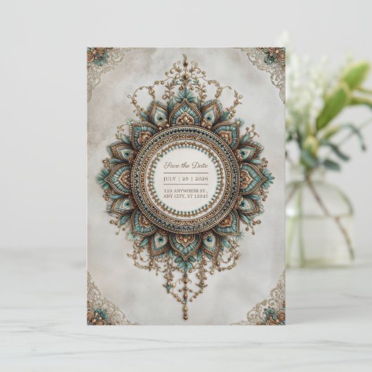 Elegant Teal Gold Peacock Mandala Boho Wedding Kaart (Staand voorkant)