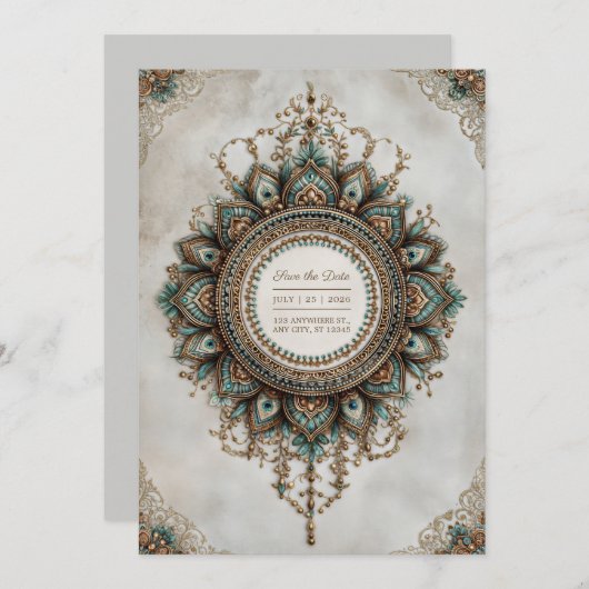Elegant Teal Gold Peacock Mandala Boho Wedding Kaart (Voorkant / Achterkant)