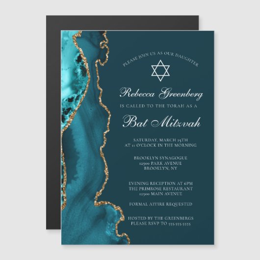 Elegant Teal Goud Agate Bat Mitzvah Feest Magnetische Uitnodiging (Voorkant / Achterkant)