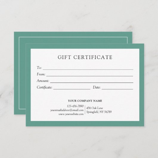 Elegant Teal Green Business Gift Certificate Logo (Voorkant / Achterkant)