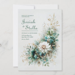 Elegant Teal Green Gold White Floral Wedding Kaart
