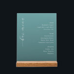 Elegant Teal Minimalist Bar Menu Acryl Bord<br><div class="desc">This elegant wedding menu card features a minimalist design with a calming teal background and clean, modern typography. The layout is structured into three sections—Beer, Wine, and Spirits—with each category listed in an organized manner using a simple sans-serif font that contrasts beautifully with the cursive "bar menu" script on the...</div>