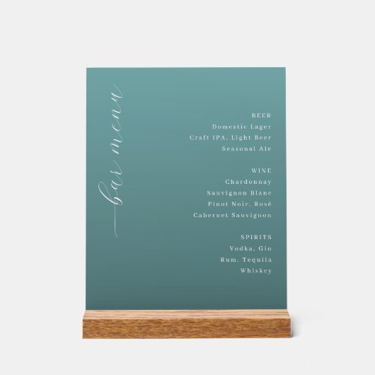 Elegant Teal Minimalist Bar Menu Acryl Bord (Voorkant)