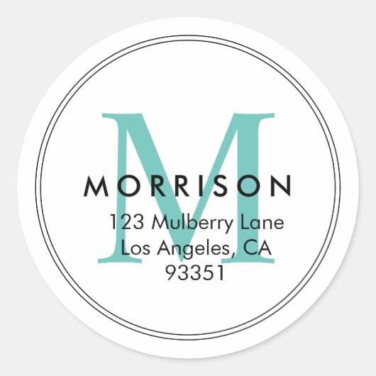 Elegant Teal Monogram Retouradres Ronde Sticker (Voorkant)