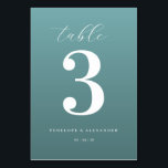 Elegant Teal Number Three Kaart<br><div class="desc">This elegant wedding table card features a minimalist design with a calming teal background and crisp white text. The focal point is the large, bold numeral "3" centered on the card, surrounded by an assortment of fonts that add visual interest without cluttering the layout. Customizable placeholders for names and dates...</div>