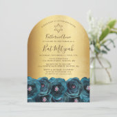 Elegant Teal Rose Floral Gold Bat Mitzvah Kaart (Staand voorkant)