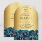 Elegant Teal Rose Floral Gold Bat Mitzvah Kaart (Voorkant / Achterkant)