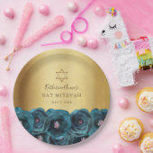 Elegant Teal Rose Floral Gold Bat Mitzvah Papieren Bordje (Feest)